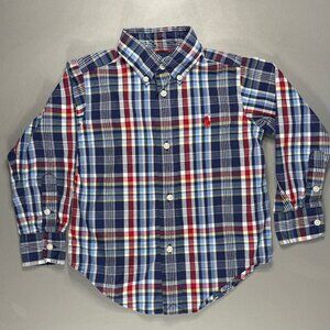 Boy's Ralph Lauren Polo Button Down Long Sleeve Plaid Shirt Size 2T 2 Red Logo